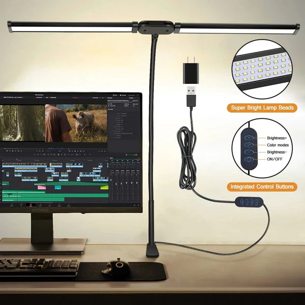 Double Head LED Desk Lamp – USB Powered, Touch Control, Adjustable Brightness & Color Temperature