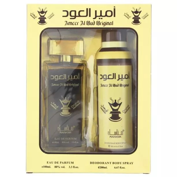 Manasik Unisex Ameer Al Oud Original Gift Set Deodorant Body Spray 200ml+100ml