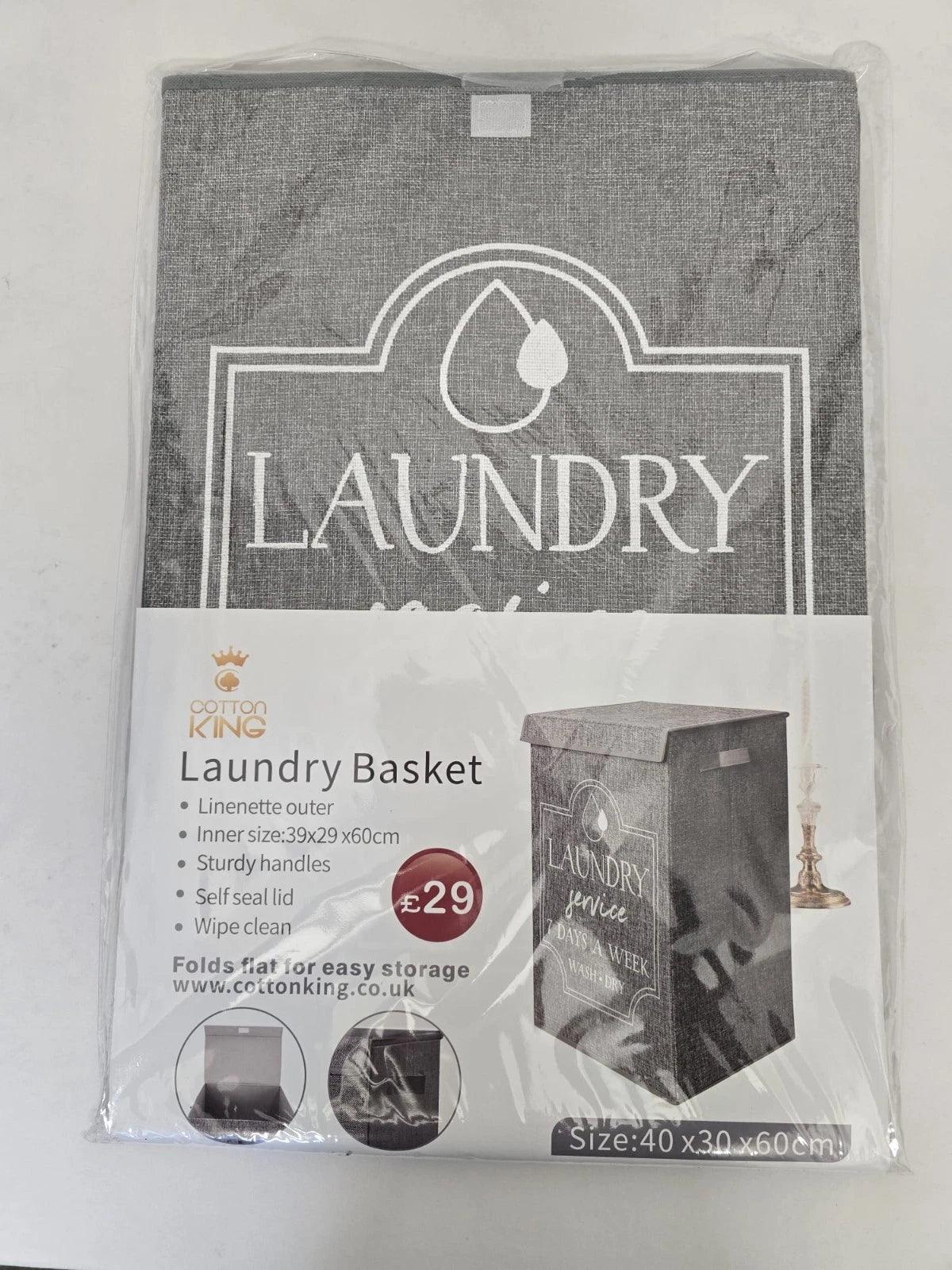 Cotton King Laundry Basket with Lid & Handles – Linenette Finish, 39x29x60cm