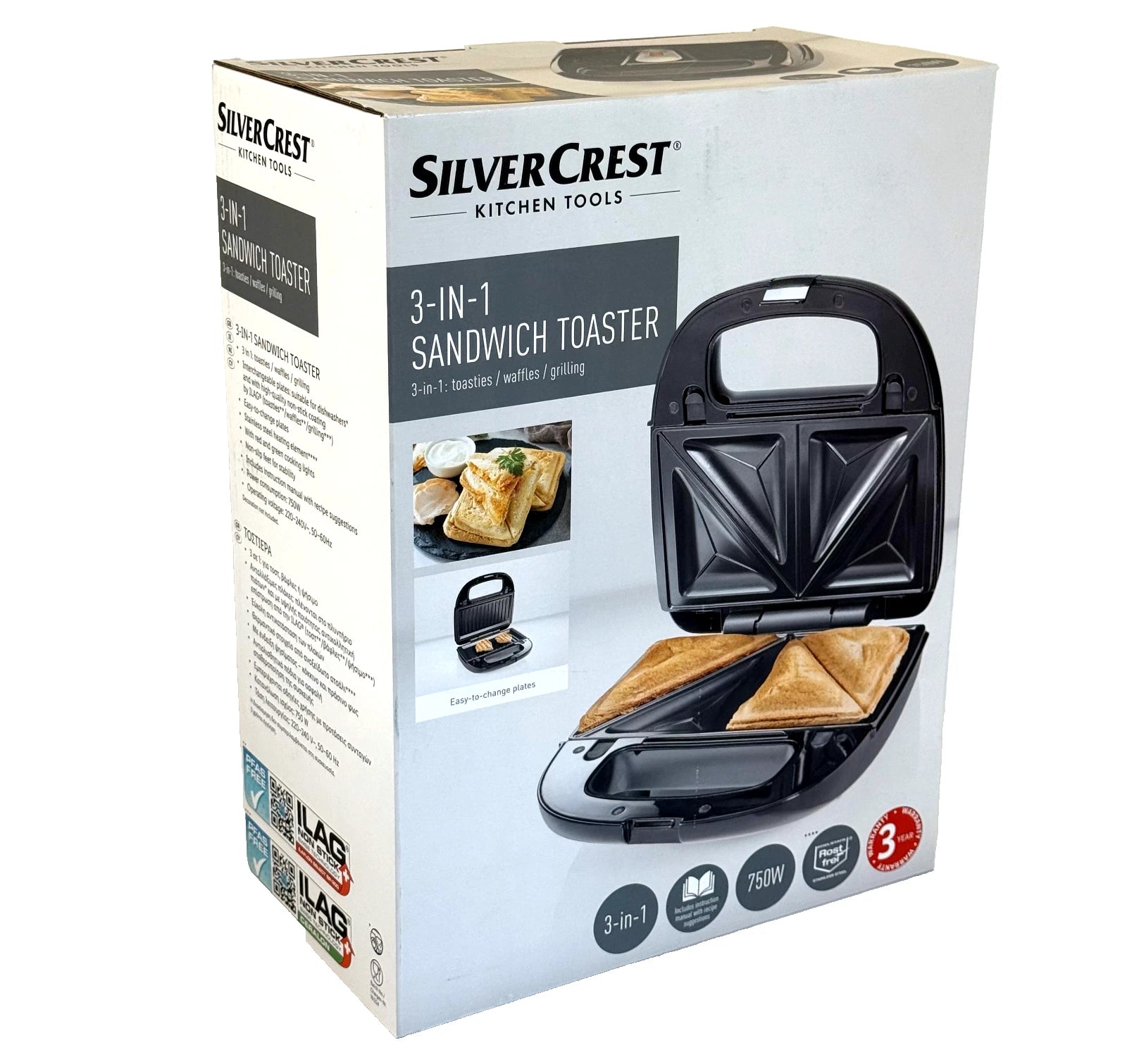 SilverCrest 3-in-1 Sandwich Toaster – Toasties, Waffles & Grill Plates (750W)