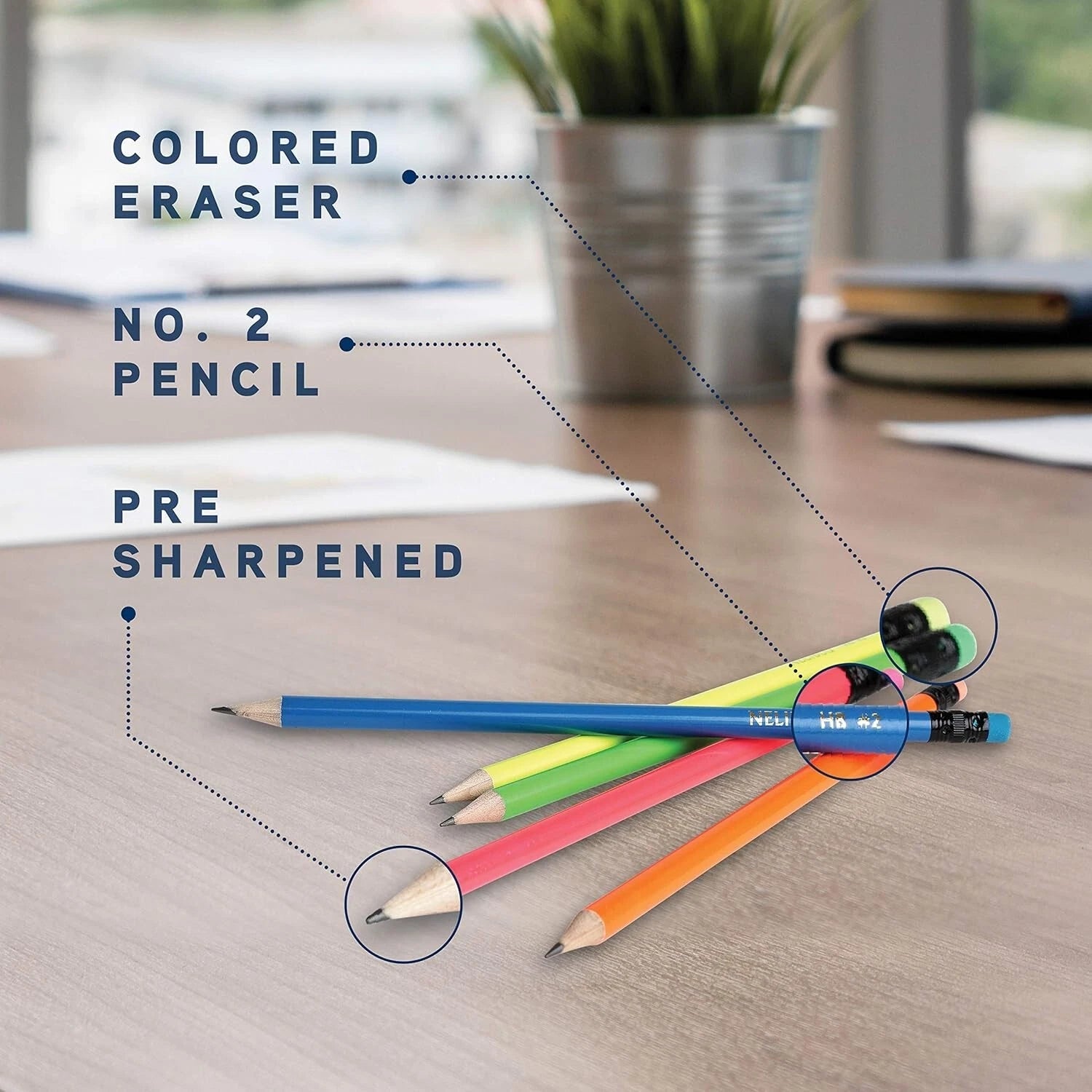 NELIBLU #2 PRE-SHARPENED NON-TOXIC WOOD NEON PENCILS KIDS ADULTS ERASER 48 PACK