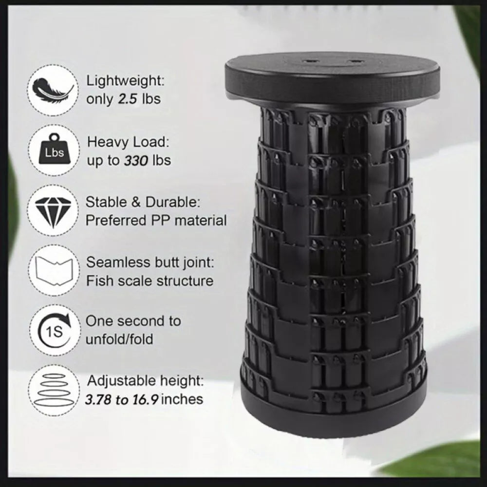 Portable Retractable Folding Stool – Heavy-Duty, Adjustable Height, Black