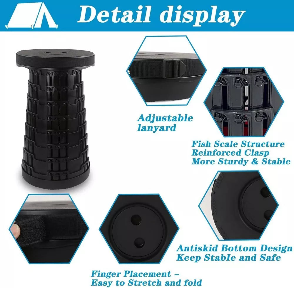 Portable Retractable Folding Stool – Heavy-Duty, Adjustable Height, Black