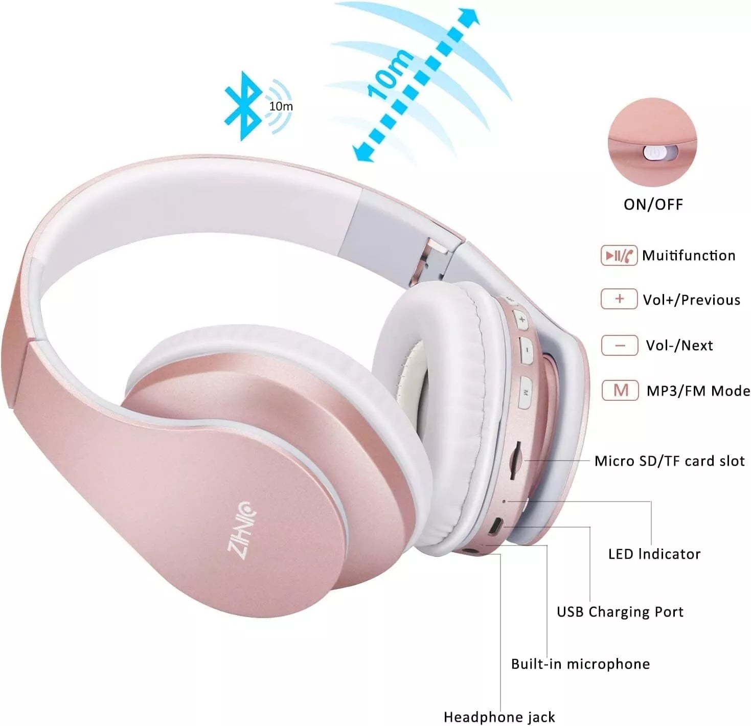 Zihnic Bluetooth Wireless Headphones – Over-Ear, Foldable, Micro SD/TF, FM & Built-In Mic  Product Description (Bullet-Point Style):