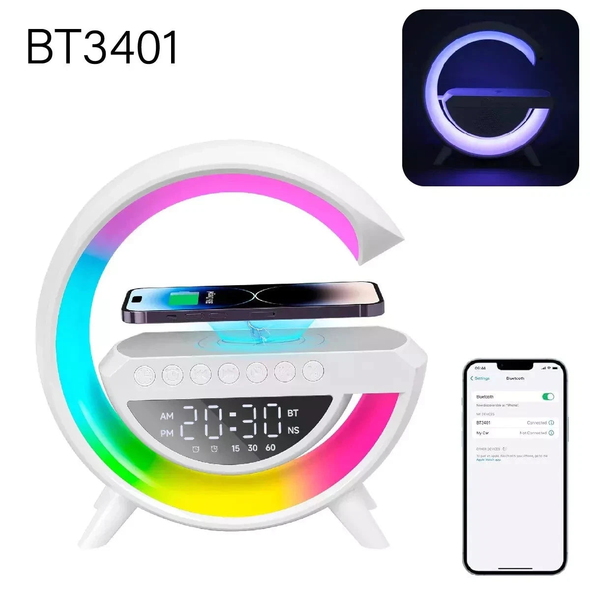 BT-3401 Wireless Charging Alarm Clock with Bluetooth Speaker & RGB Night Light