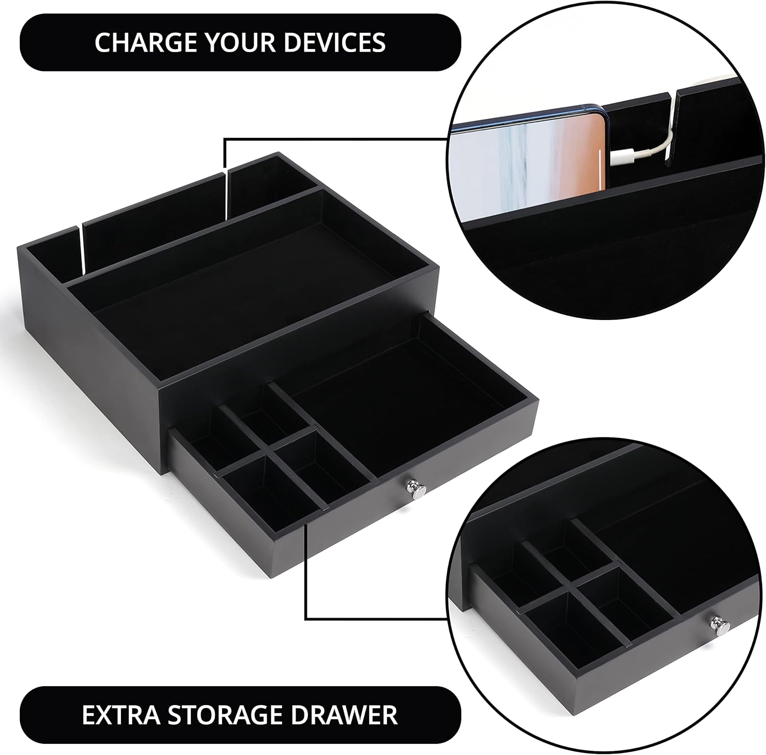Black Leatherette Desk Valet Tray with Drawer- (BELLE VOUS-BLV5)
