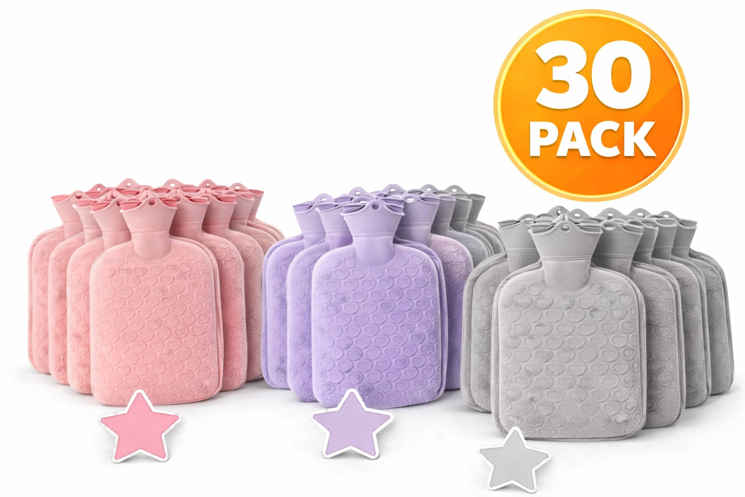 30 Pack Hot Water Bottles with Plush Cover & Waist Strap – Multi-Colour (Pink, Purple & Grey)